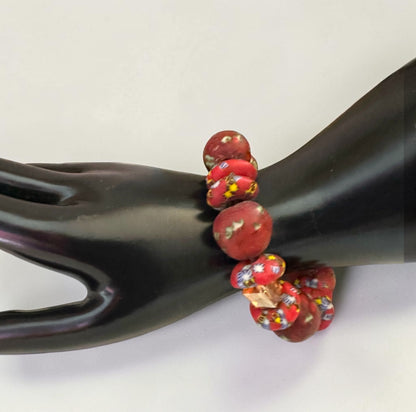 Chunky Krobo Bead Stretch Bracelet – Ghana Glass, Rustic Red Multicolour - Fatisha Boutique
