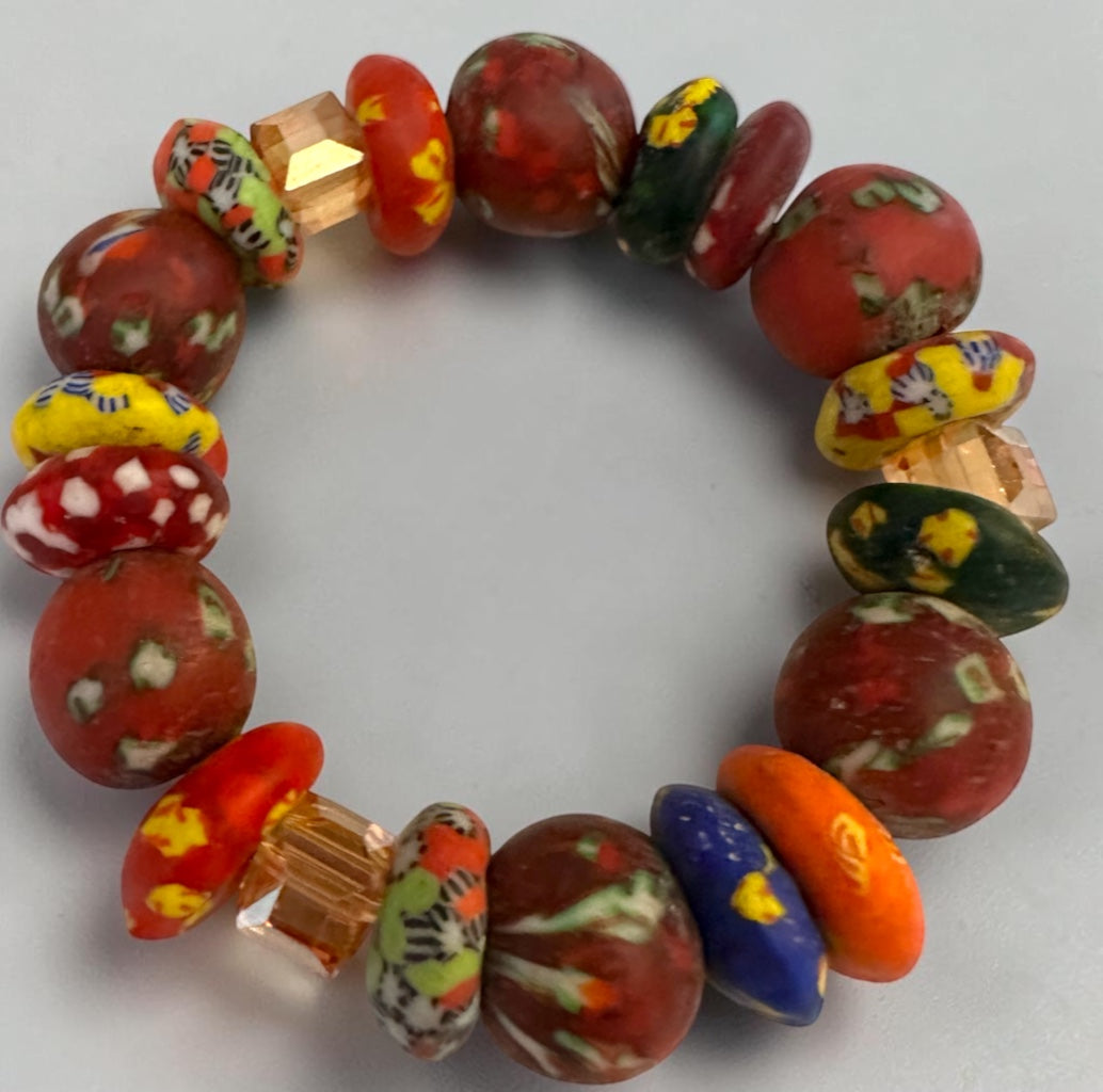 Chunky Krobo Bead Stretch Bracelet – Ghana Glass, Rustic Red Multicolour - Fatisha Boutique Fatisha Boutique