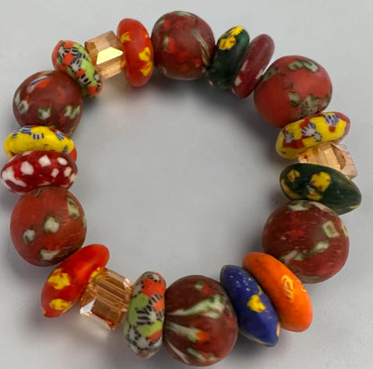 Chunky Krobo Bead Stretch Bracelet – Ghana Glass, Rustic Red Multicolour - Fatisha Boutique