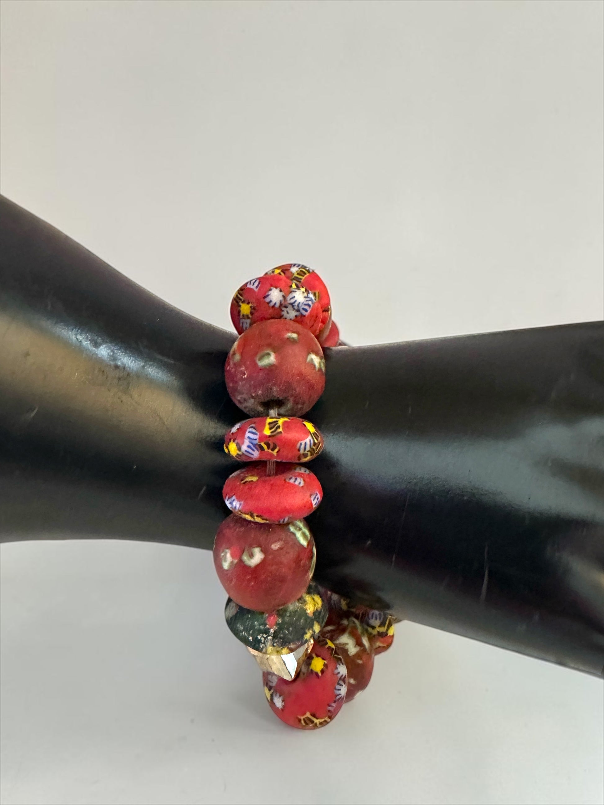 Chunky Krobo Bead Stretch Bracelet – Ghana Glass, Rustic Red Multicolour - Fatisha Boutique