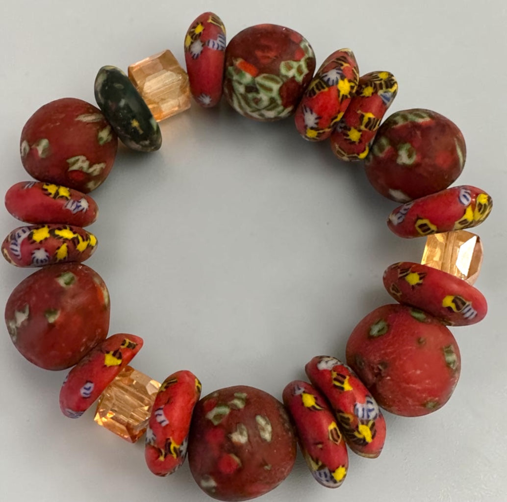 Chunky Krobo Bead Stretch Bracelet – Ghana Glass, Rustic Red Multicolour - Fatisha Boutique Fatisha Boutique