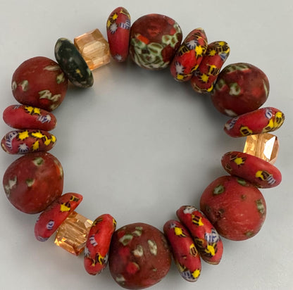 Chunky Krobo Bead Stretch Bracelet – Ghana Glass, Rustic Red Multicolour - Fatisha Boutique