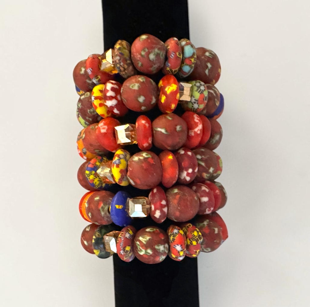 Chunky Krobo Bead Stretch Bracelet – Ghana Glass, Rustic Red Multicolour - Fatisha Boutique