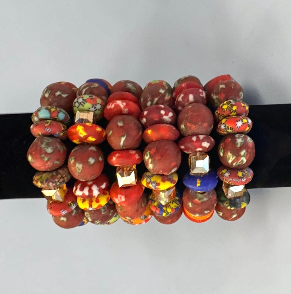 Chunky Krobo Bead Stretch Bracelet – Ghana Glass, Rustic Red Multicolour - Fatisha Boutique Fatisha Boutique