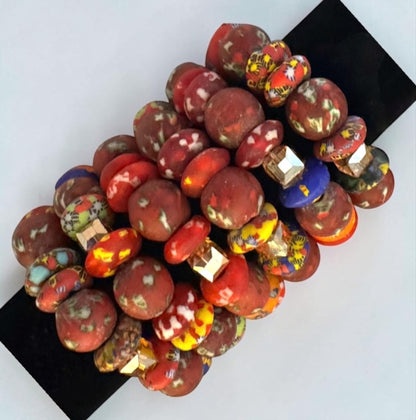 Chunky Krobo Bead Stretch Bracelet – Ghana Glass, Rustic Red Multicolour - Fatisha Boutique