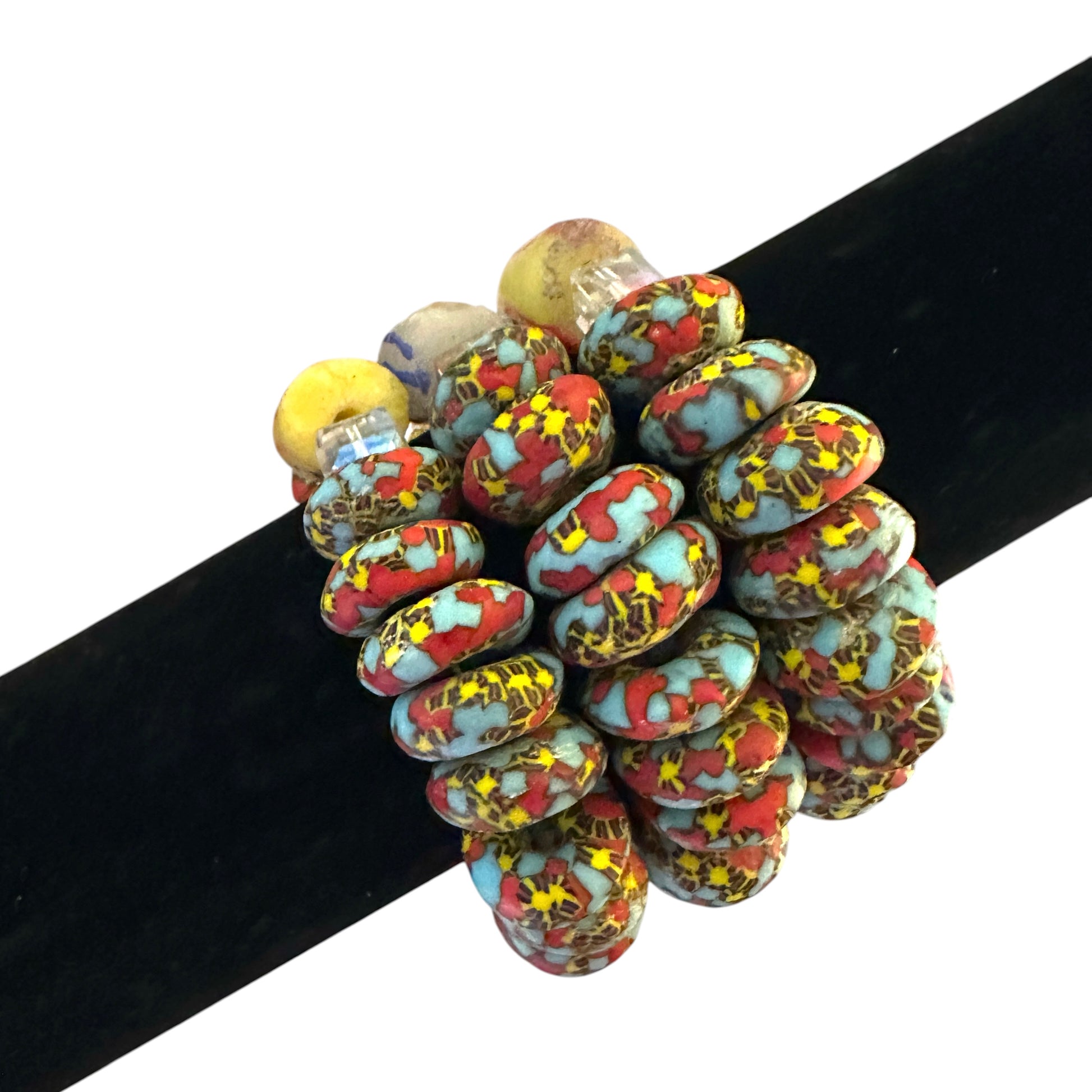 Krobo Bead Stretch Bracelet – Ghana Glass, Turquoise & Coral with Painted Tube Focal