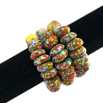 Krobo Bead Stretch Bracelet – Ghana Glass, Turquoise & Coral with Painted Tube Focal