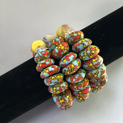 Krobo Bead Stretch Bracelet – Ghana Glass, Turquoise & Coral with Painted Tube Focal