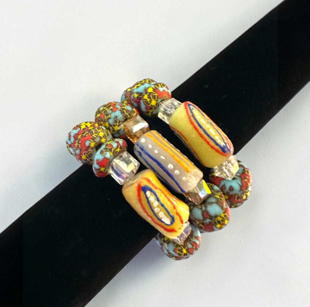 Krobo Bead Stretch Bracelet – Ghana Glass, Turquoise & Coral with Painted Tube Focal