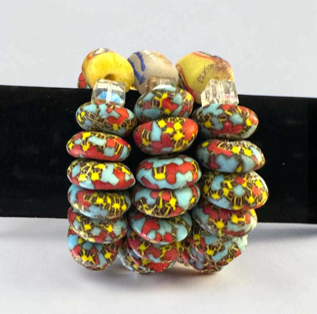Krobo Bead Stretch Bracelet – Ghana Glass, Turquoise & Coral with Painted Tube Focal