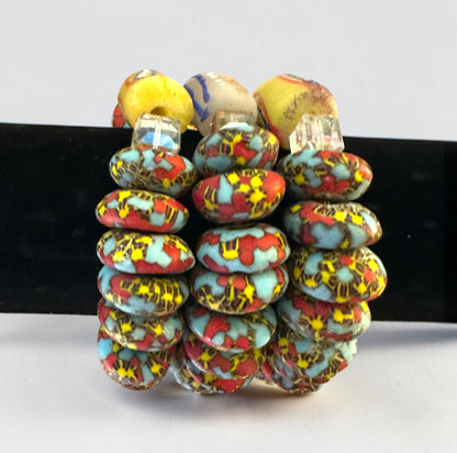 Krobo Bead Stretch Bracelet – Ghana Glass, Turquoise & Coral with Painted Tube Focal