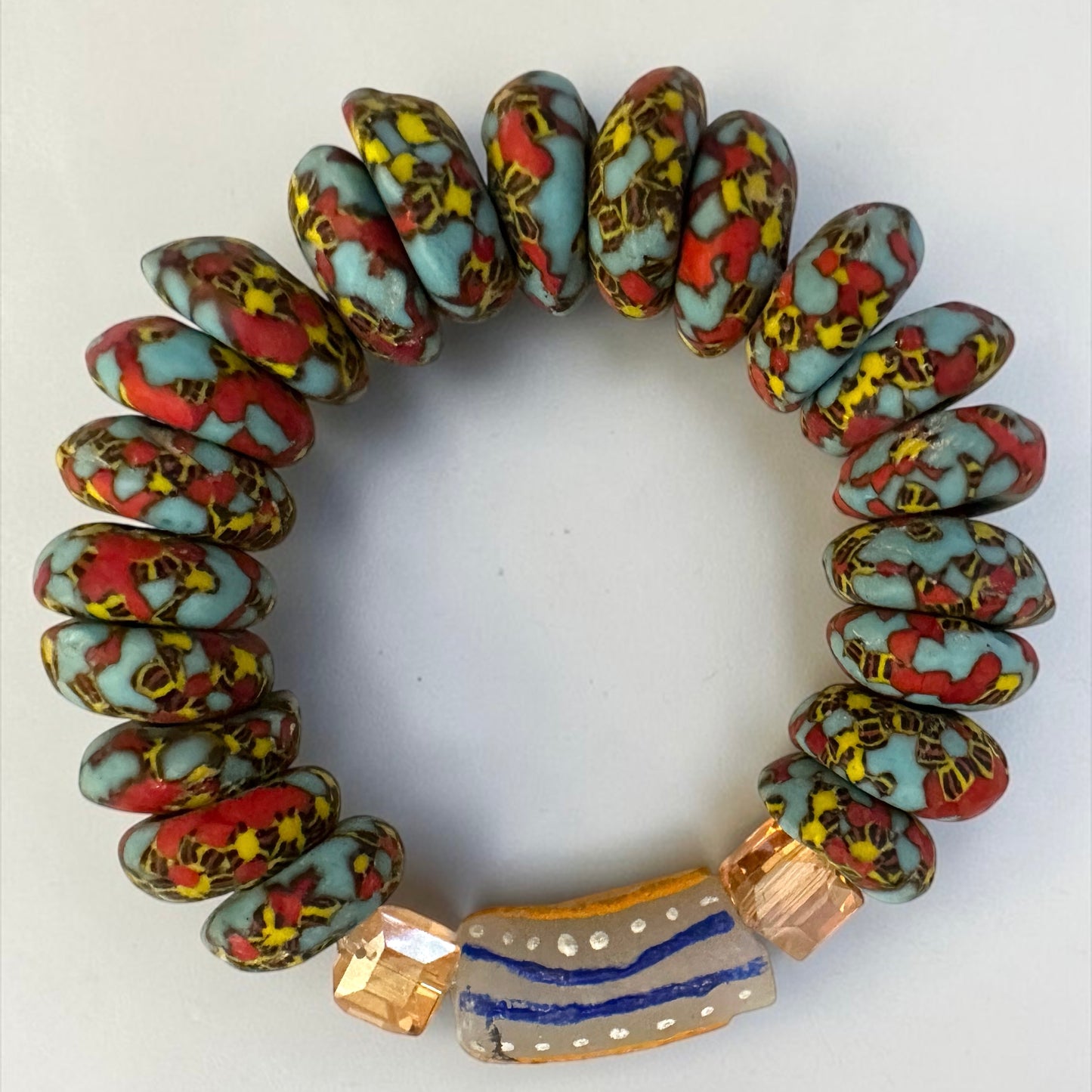 Krobo Bead Stretch Bracelet – Ghana Glass, Turquoise & Coral with Painted Tube Focal Fatisha Boutique
