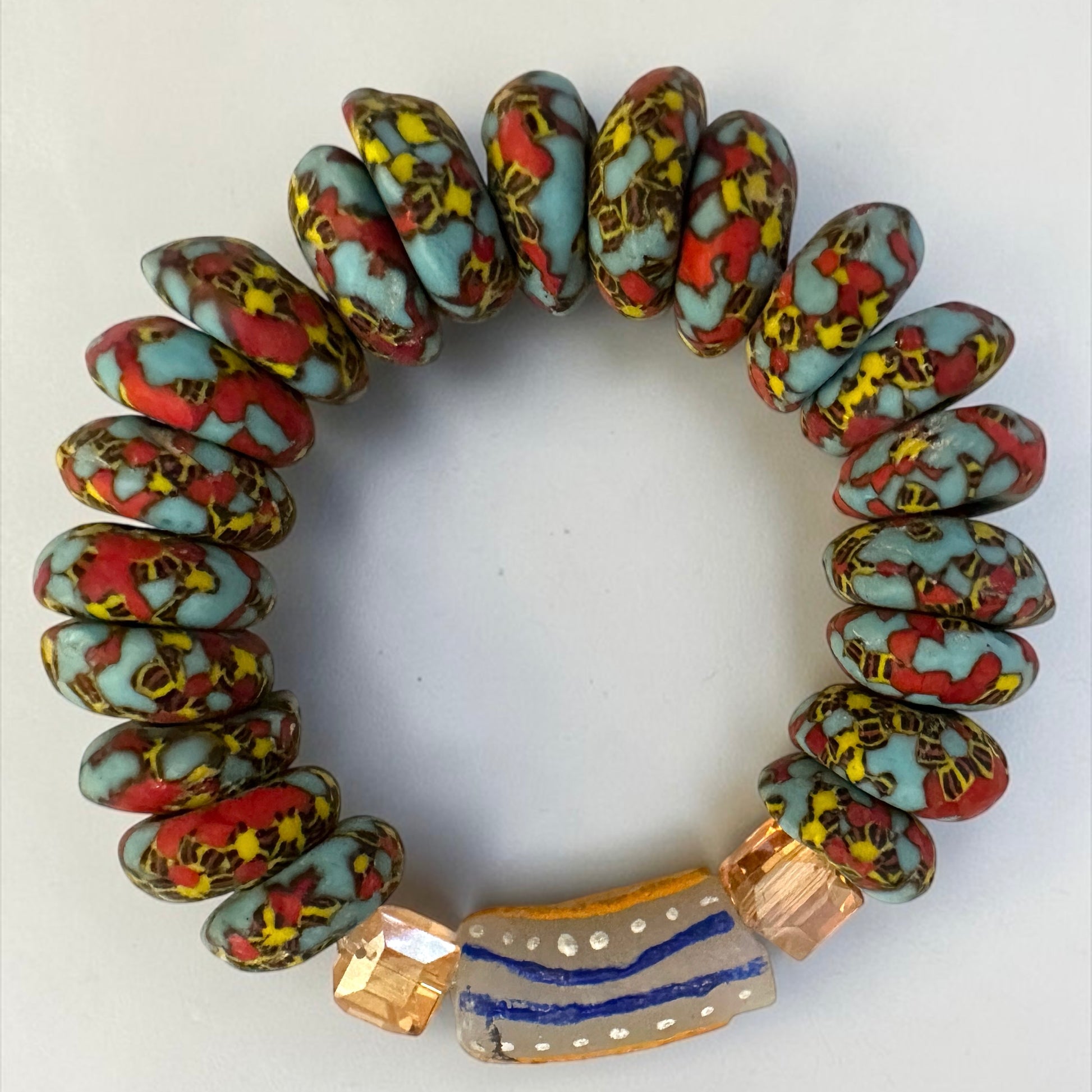 Krobo Bead Stretch Bracelet – Ghana Glass, Turquoise & Coral with Painted Tube Focal
