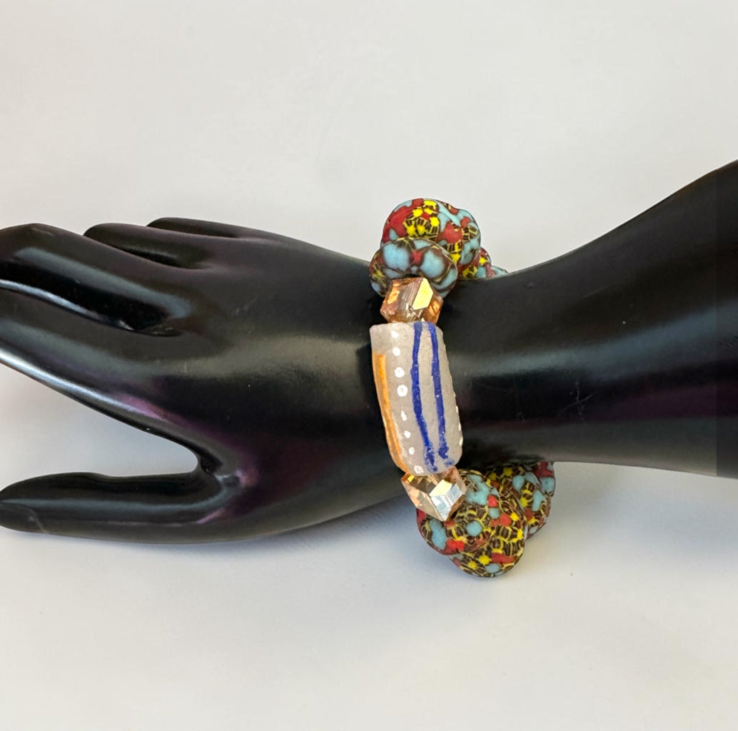Krobo Bead Stretch Bracelet – Ghana Glass, Turquoise & Coral with Painted Tube Focal Fatisha Boutique