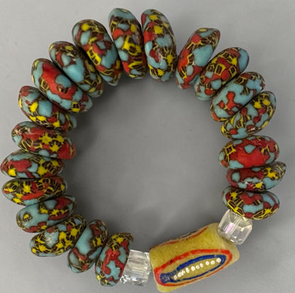 Krobo Bead Stretch Bracelet – Ghana Glass, Turquoise & Coral with Painted Tube Focal