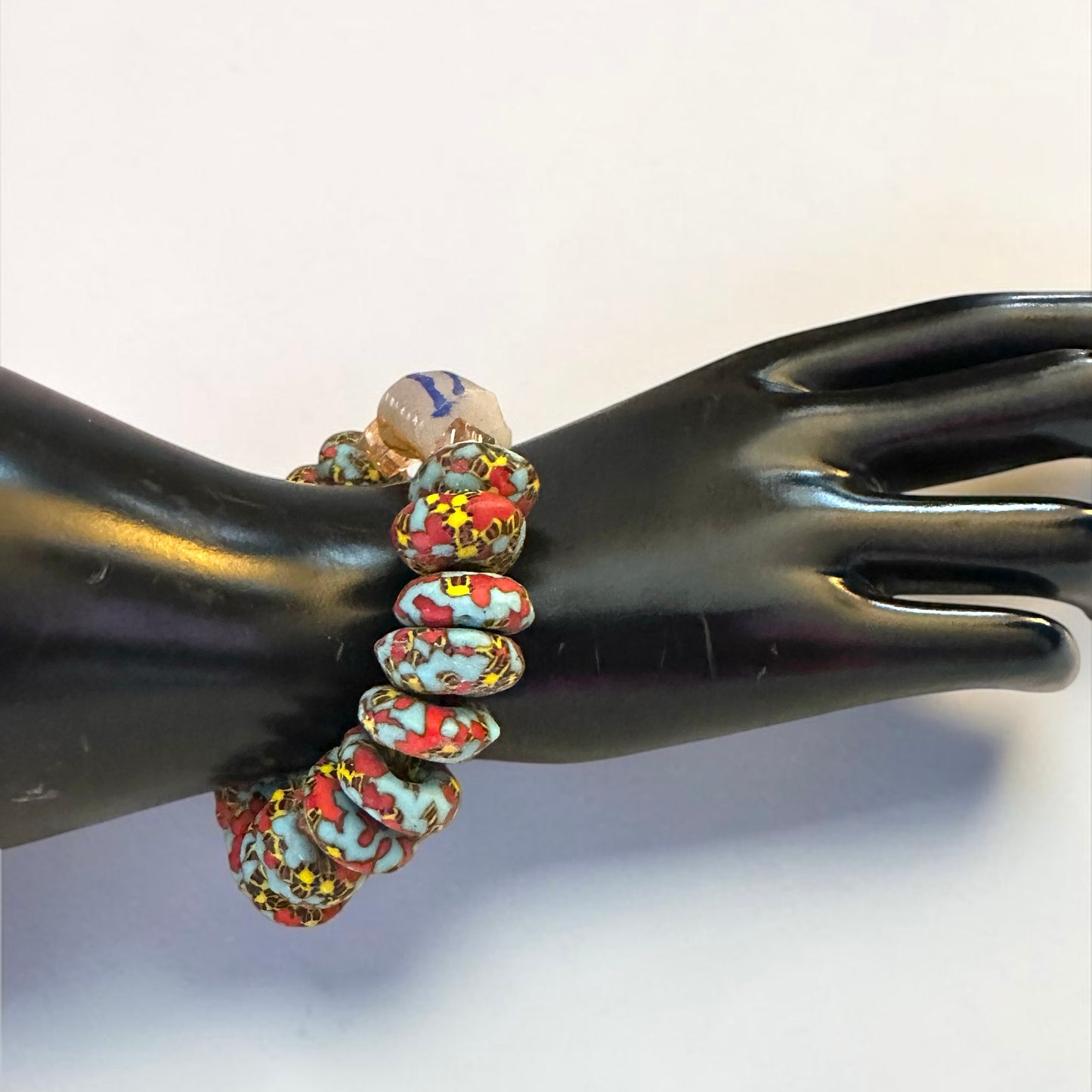 Krobo Bead Stretch Bracelet – Ghana Glass, Turquoise & Coral with Painted Tube Focal Fatisha Boutique