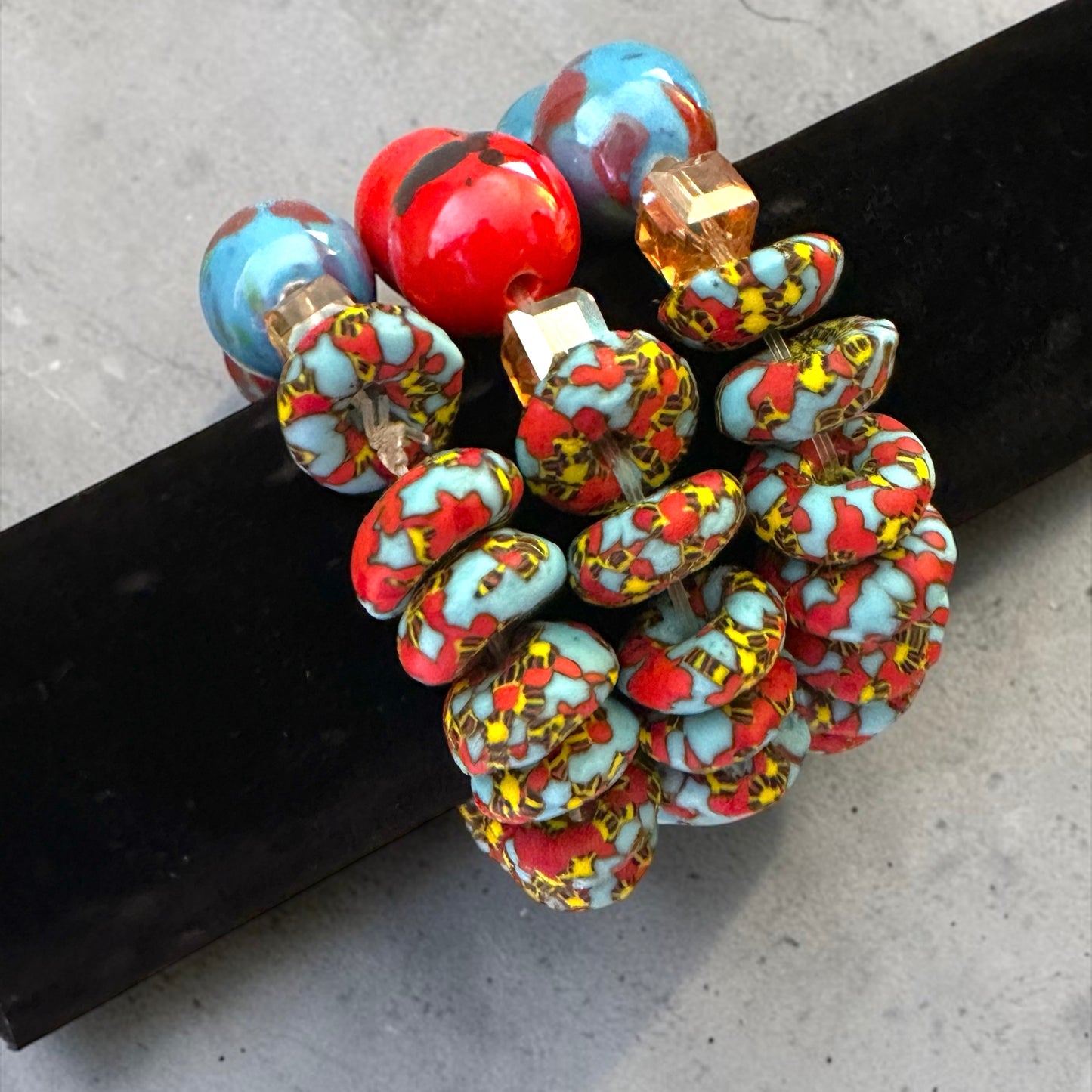 Krobo Bead Stretch Bracelet – Ghana Glass with Marbled Glass Accents, Petite Fit Fatisha Boutique