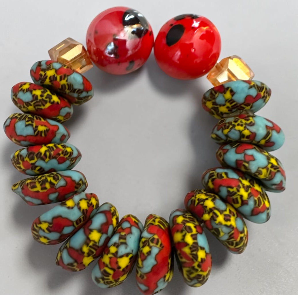 Krobo Bead Stretch Bracelet – Ghana Glass with Marbled Glass Accents, Petite Fit