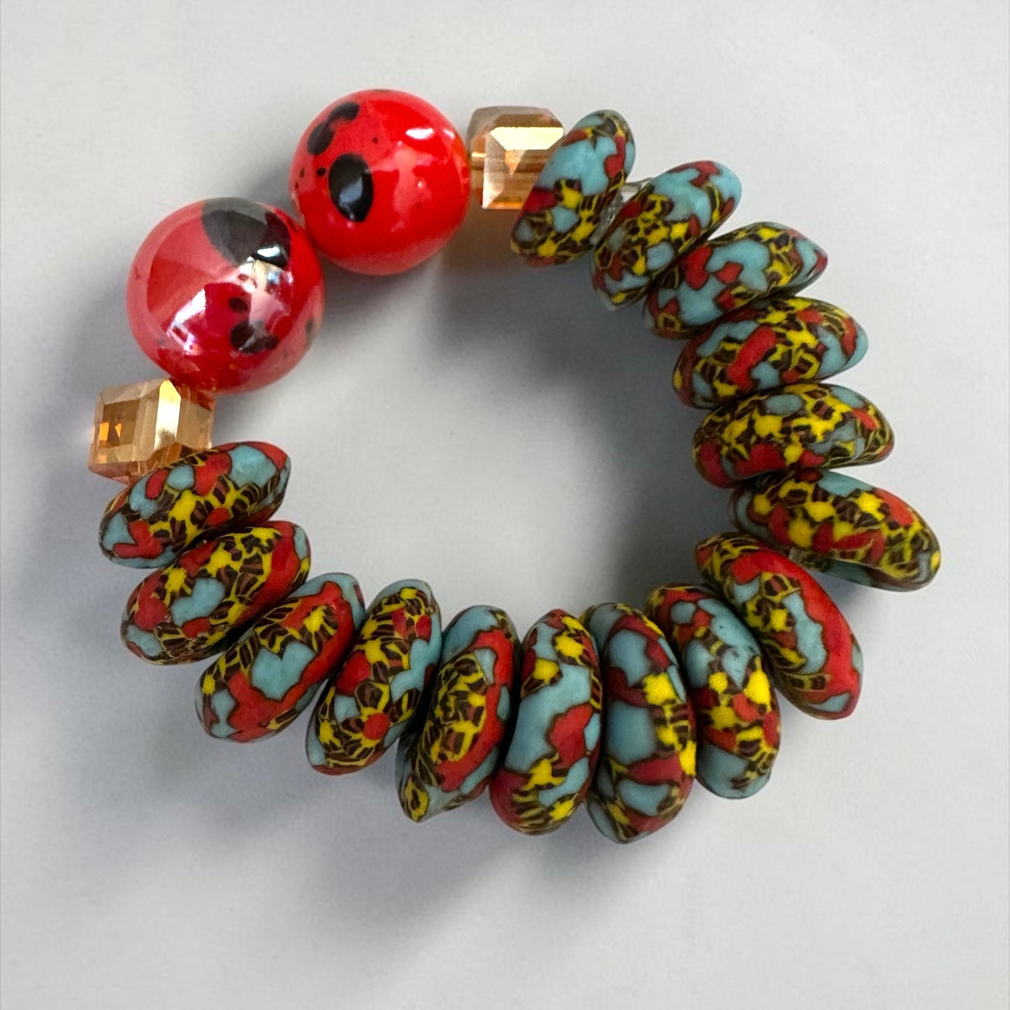 Krobo Bead Stretch Bracelet – Ghana Glass with Marbled Glass Accents, Petite Fit Fatisha Boutique