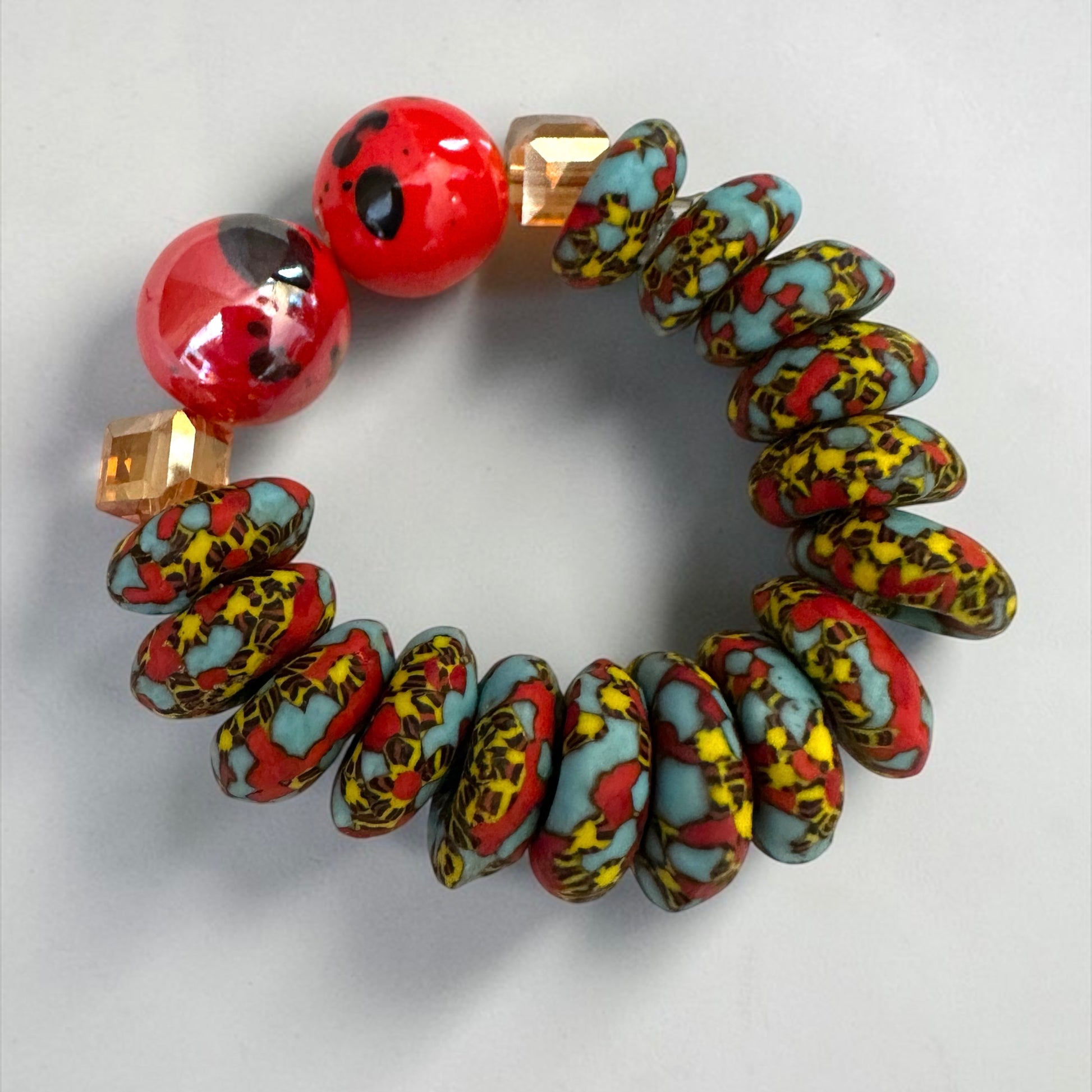 Krobo Bead Stretch Bracelet – Ghana Glass with Marbled Glass Accents, Petite Fit