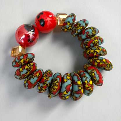 Krobo Bead Stretch Bracelet – Ghana Glass with Marbled Glass Accents, Petite Fit