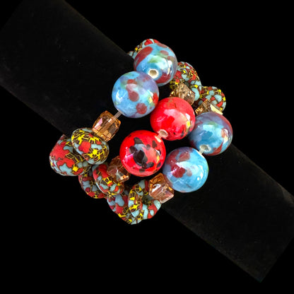 Krobo Bead Stretch Bracelet – Ghana Glass with Marbled Glass Accents, Petite Fit