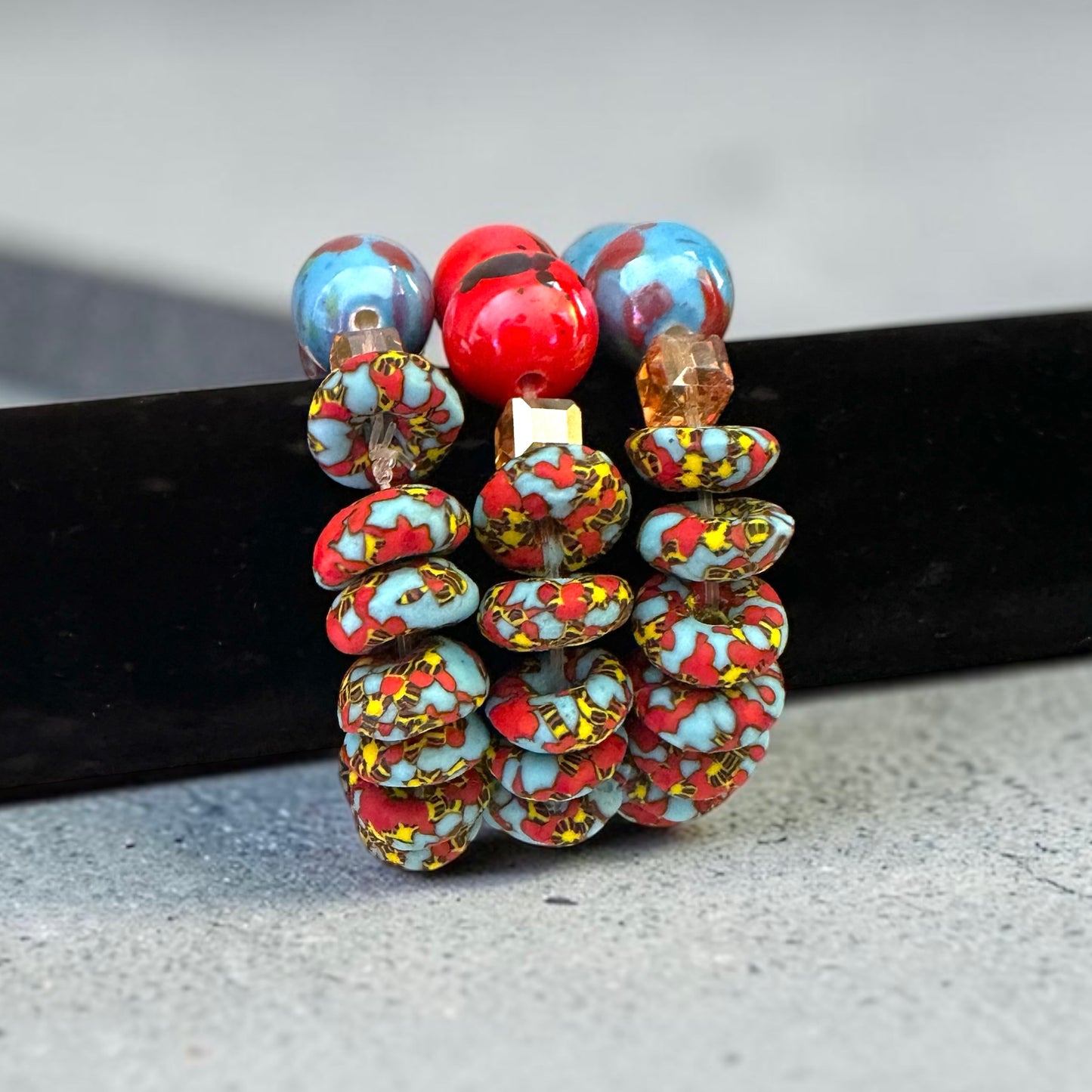 Krobo Bead Stretch Bracelet – Ghana Glass with Marbled Glass Accents, Petite Fit Fatisha Boutique