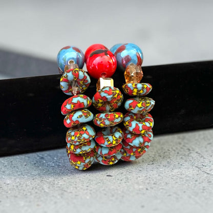 Krobo Bead Stretch Bracelet – Ghana Glass with Marbled Glass Accents, Petite Fit