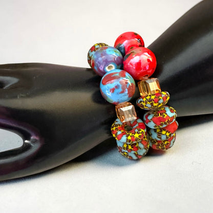 Krobo Bead Stretch Bracelet – Ghana Glass with Marbled Glass Accents, Petite Fit