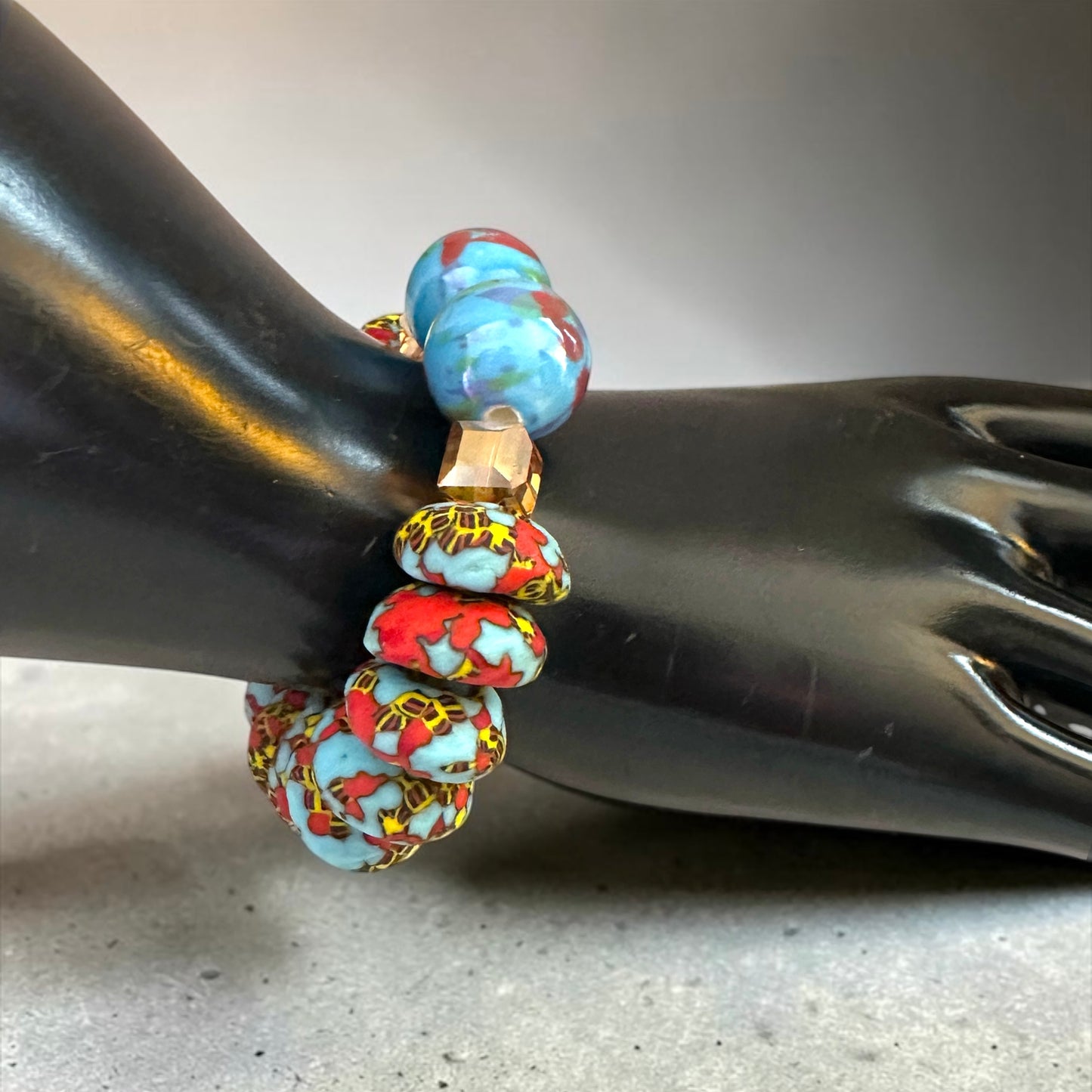 Krobo Bead Stretch Bracelet – Ghana Glass with Marbled Glass Accents, Petite Fit Fatisha Boutique