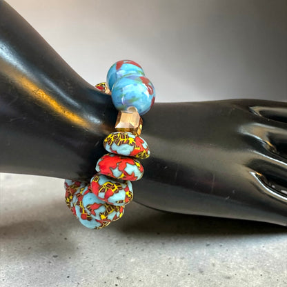 Krobo Bead Stretch Bracelet – Ghana Glass with Marbled Glass Accents, Petite Fit