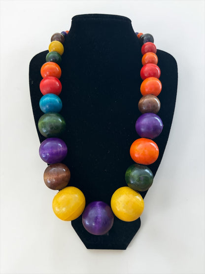 Chunky Multicolour Hand-Painted African Wooden Bead Statement Necklace - Fatisha Boutique