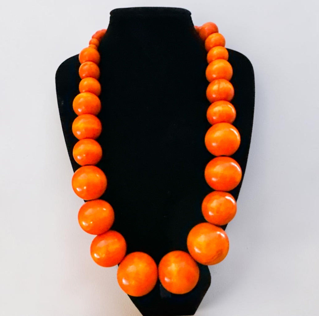 African Wooden Bead Statement Necklace – Chunky Hand-Painted Orange Graduated Beads - Fatisha Boutique Fatisha Boutique