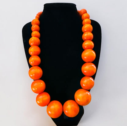 African Wooden Bead Statement Necklace – Chunky Hand-Painted Orange Graduated Beads - Fatisha Boutique