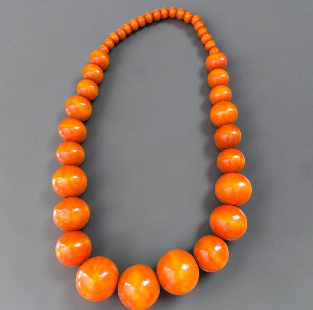African Wooden Bead Statement Necklace – Chunky Hand-Painted Orange Graduated Beads - Fatisha Boutique Fatisha Boutique