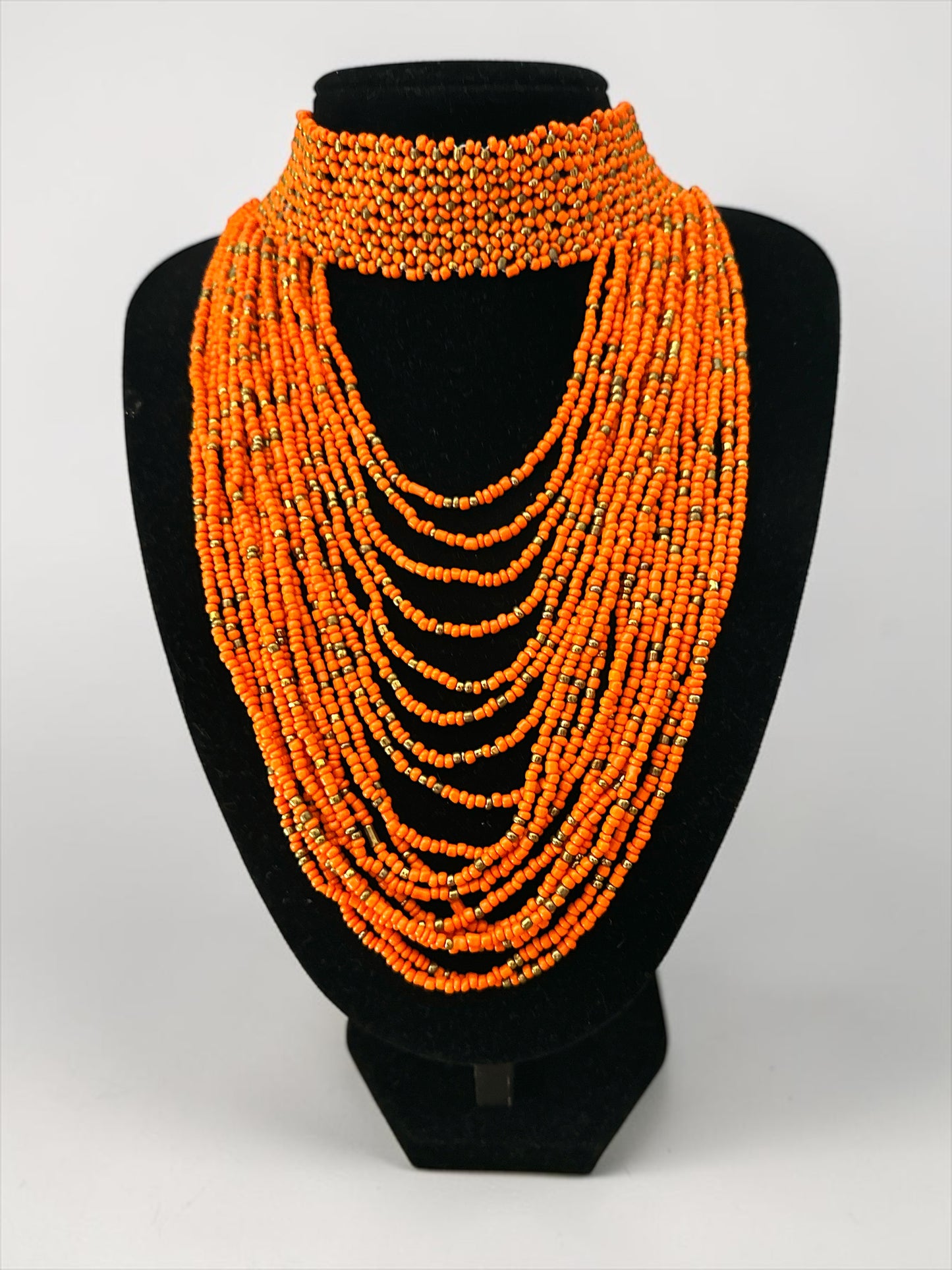 African Graduated Beaded Bib Necklace – Orange, Handmade Statement Choker - Fatisha Boutique Fatisha Boutique
