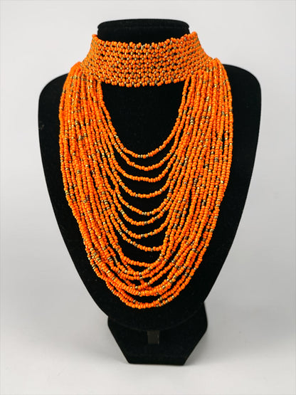 African Graduated Beaded Bib Necklace – Orange, Handmade Statement Choker - Fatisha Boutique