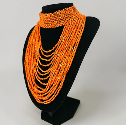 African Graduated Beaded Bib Necklace – Orange, Handmade Statement Choker - Fatisha Boutique