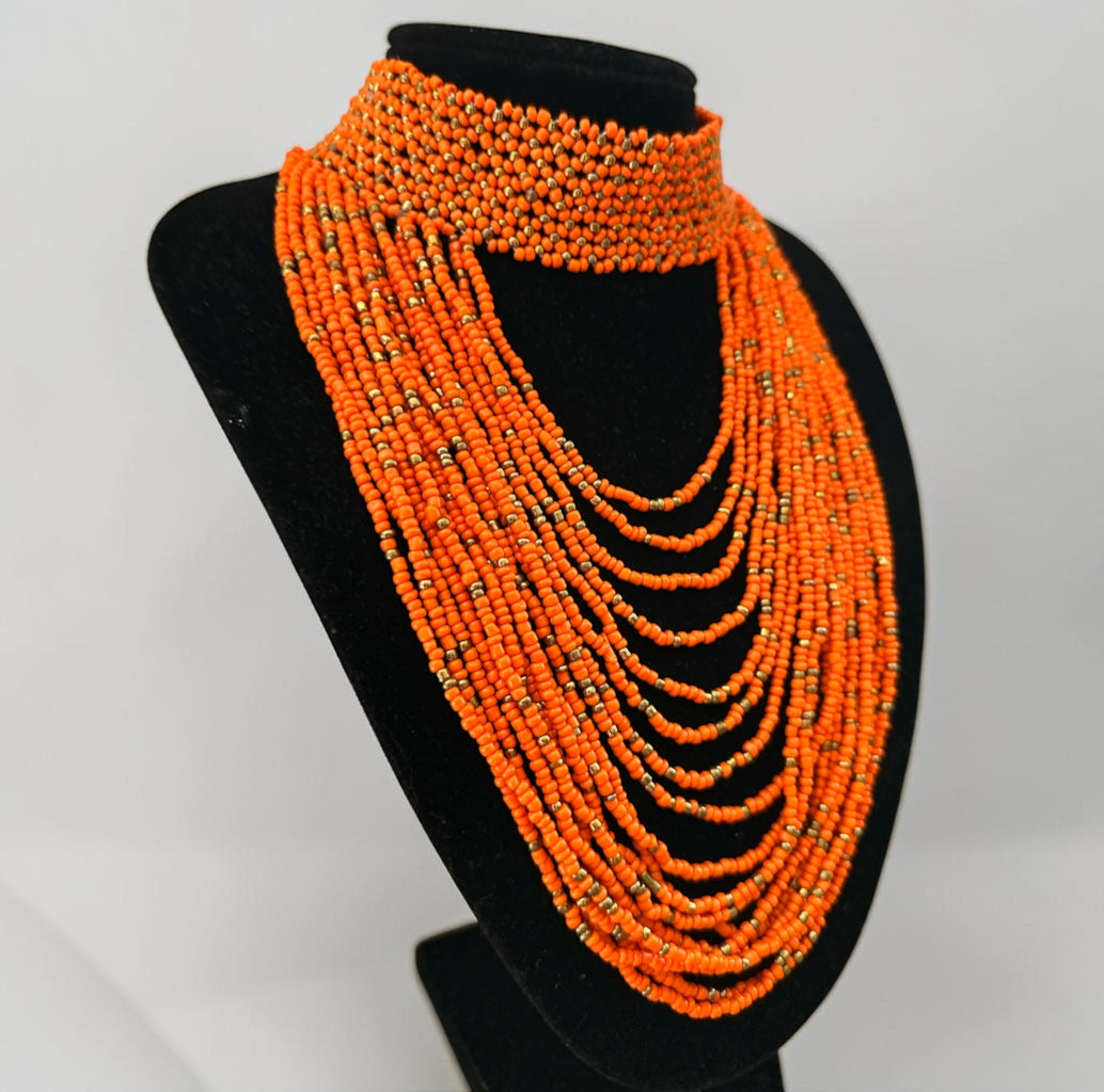 African Graduated Beaded Bib Necklace – Orange, Handmade Statement Choker - Fatisha Boutique