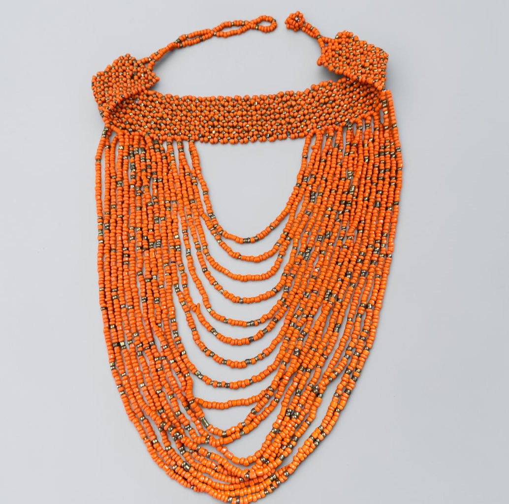 African Graduated Beaded Bib Necklace – Orange, Handmade Statement Choker - Fatisha Boutique Fatisha Boutique