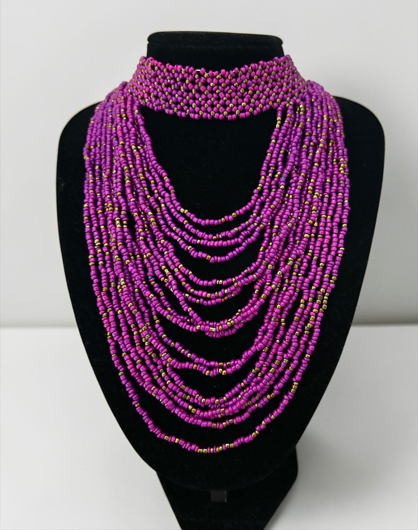 African Graduated Beaded Bib Necklace – Purple, Handmade Statement Choker - Fatisha Boutique Fatisha Boutique