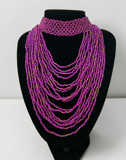 African Graduated Beaded Bib Necklace – Purple, Handmade Statement Choker - Fatisha Boutique
