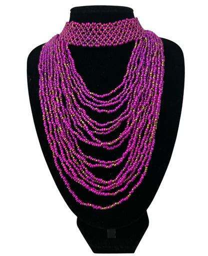 African Graduated Beaded Bib Necklace – Purple, Handmade Statement Choker - Fatisha Boutique