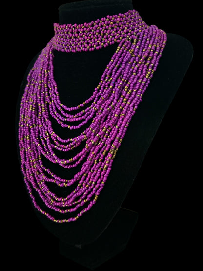African Graduated Beaded Bib Necklace – Purple, Handmade Statement Choker - Fatisha Boutique
