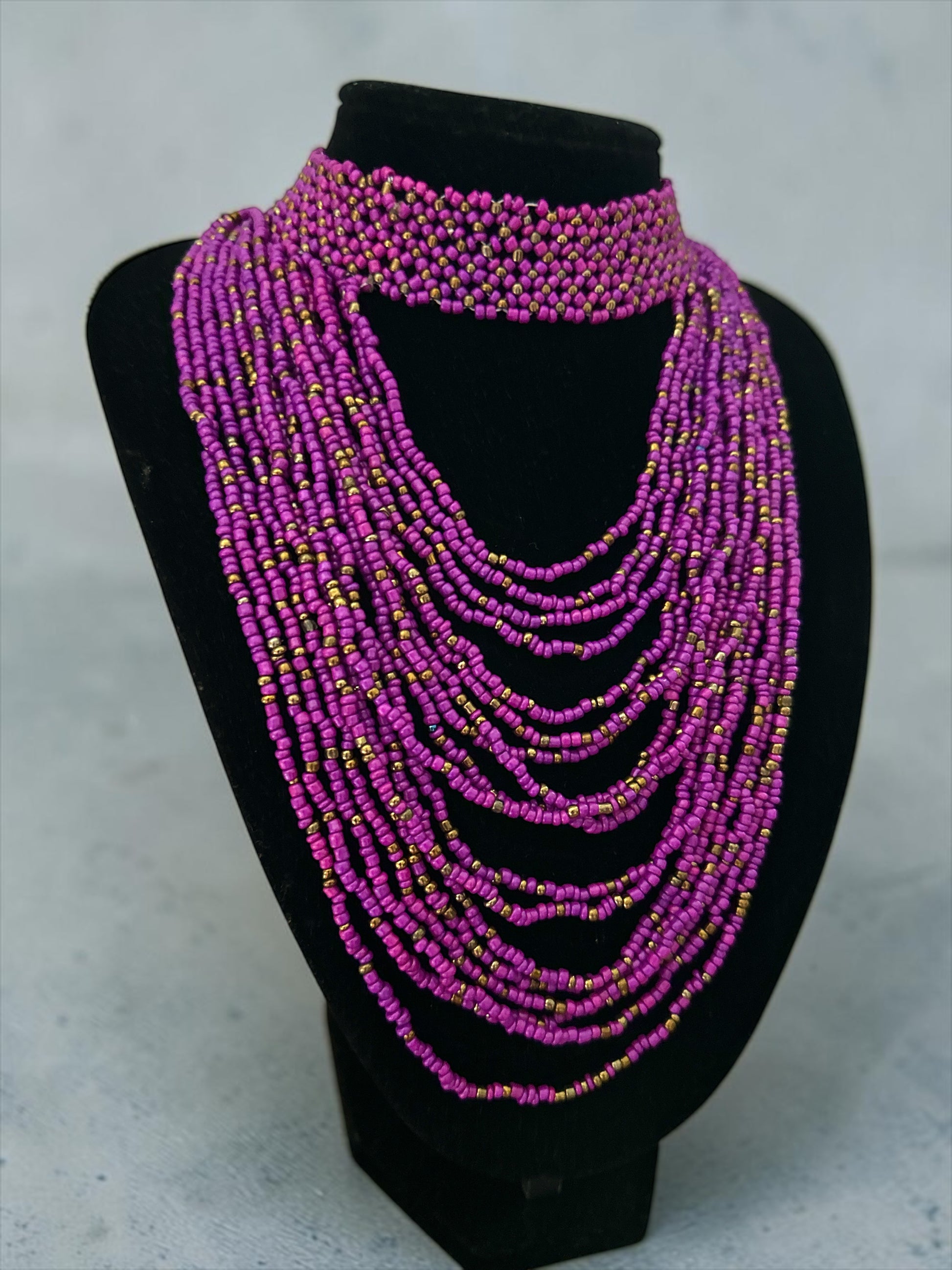 African Graduated Beaded Bib Necklace – Purple, Handmade Statement Choker - Fatisha Boutique