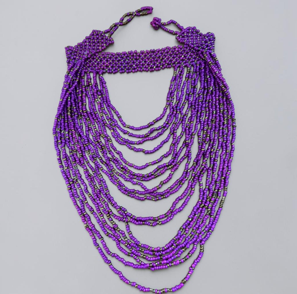 African Graduated Beaded Bib Necklace – Purple, Handmade Statement Choker - Fatisha Boutique Fatisha Boutique
