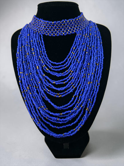 African Graduated Beaded Bib Necklace – Blue, Handmade Statement Choker - Fatisha Boutique
