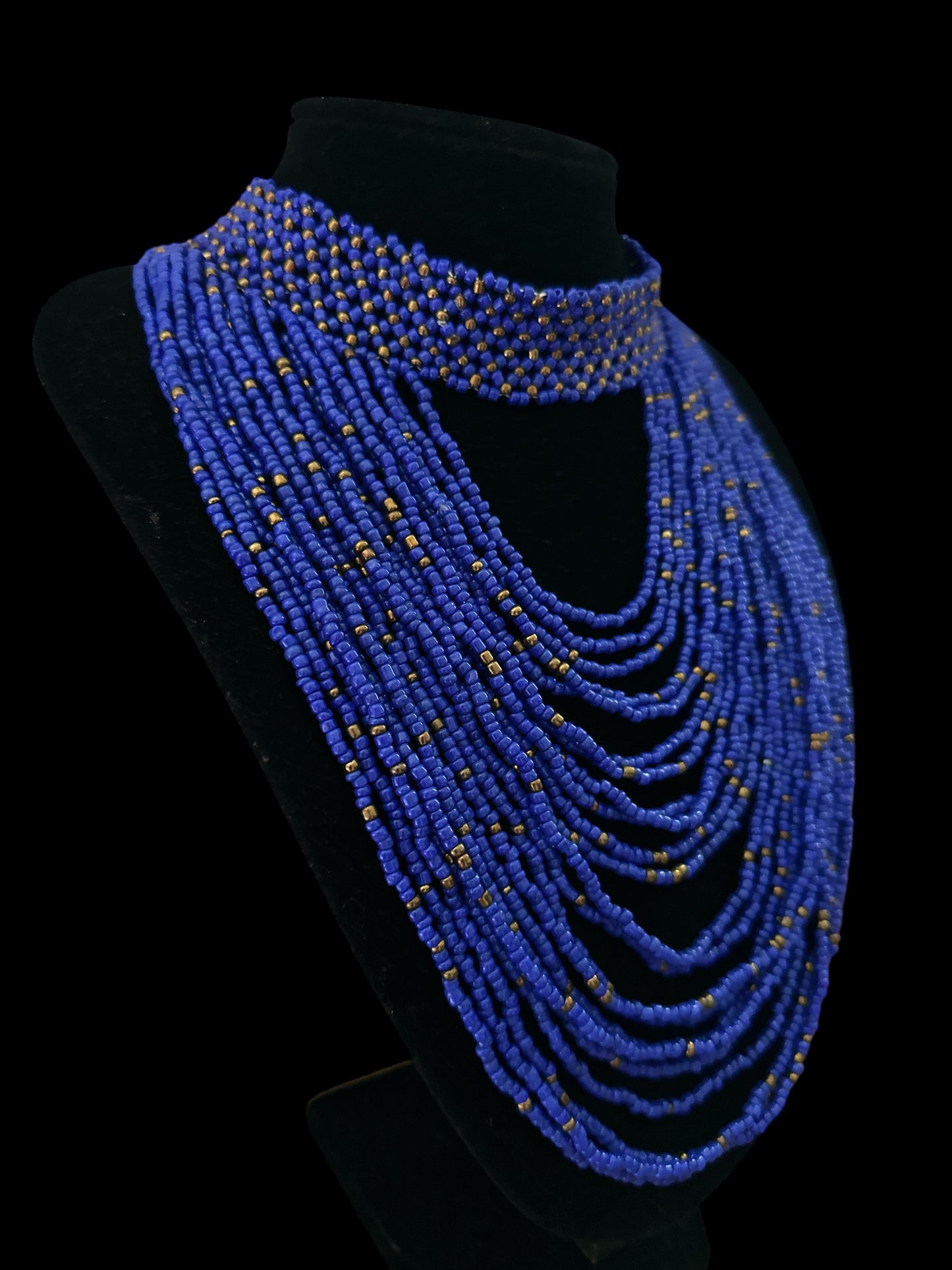 African Graduated Beaded Bib Necklace – Blue, Handmade Statement Choker - Fatisha Boutique Fatisha Boutique