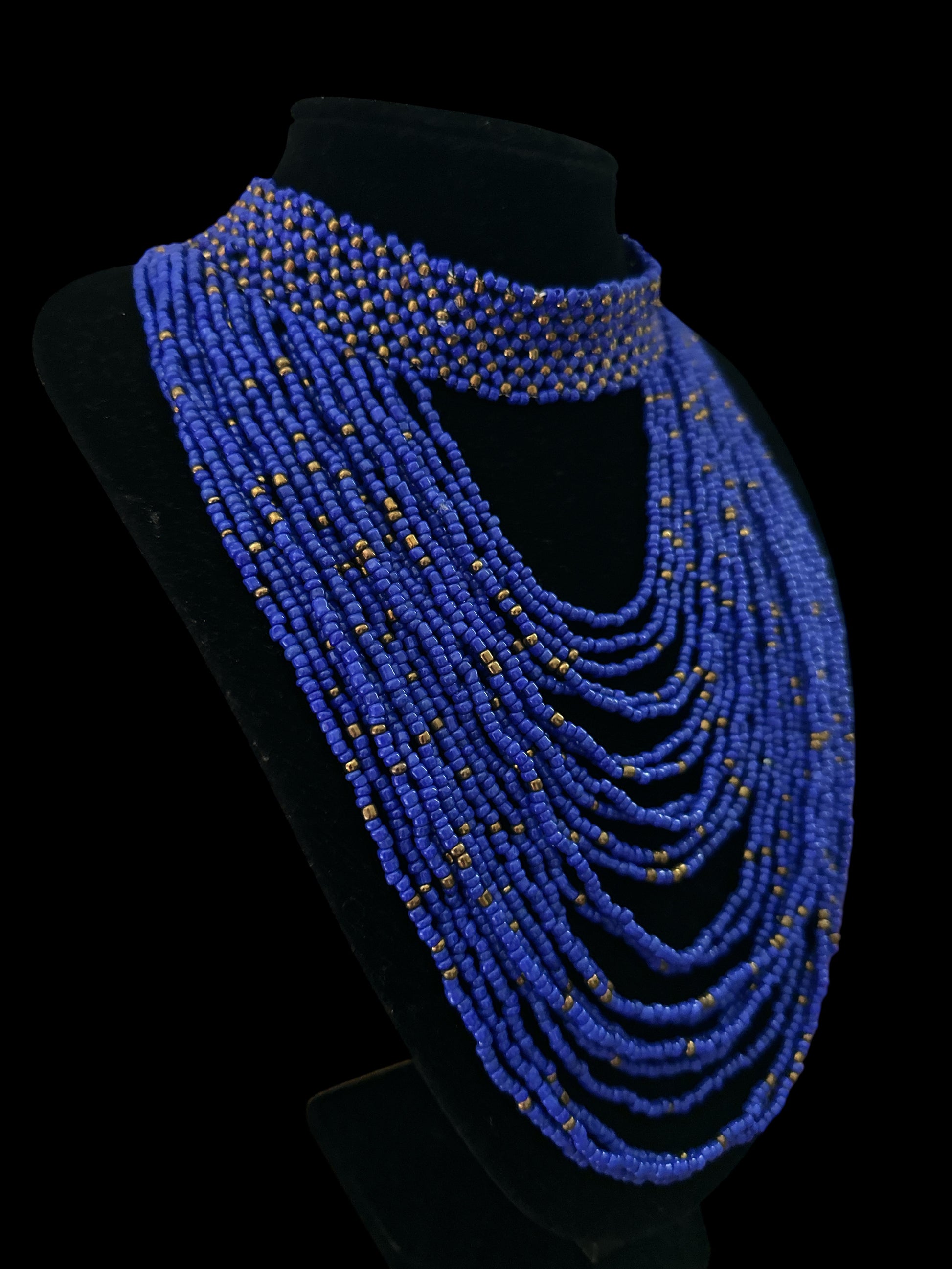 African Graduated Beaded Bib Necklace – Blue, Handmade Statement Choker - Fatisha Boutique