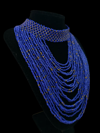 African Graduated Beaded Bib Necklace – Blue, Handmade Statement Choker - Fatisha Boutique